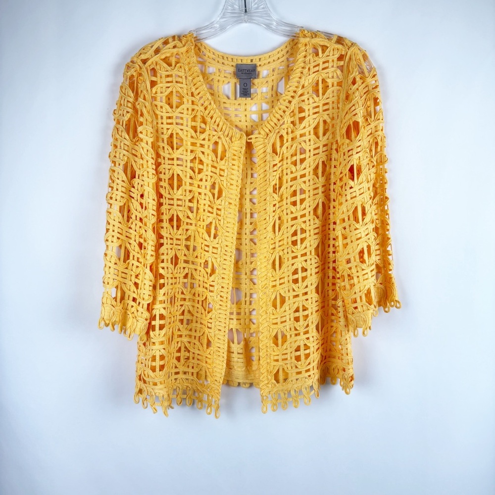 Chico's Easy Wear Vibrant Yellow Crochet Jacket/Sweater with Open Weave - Size 0